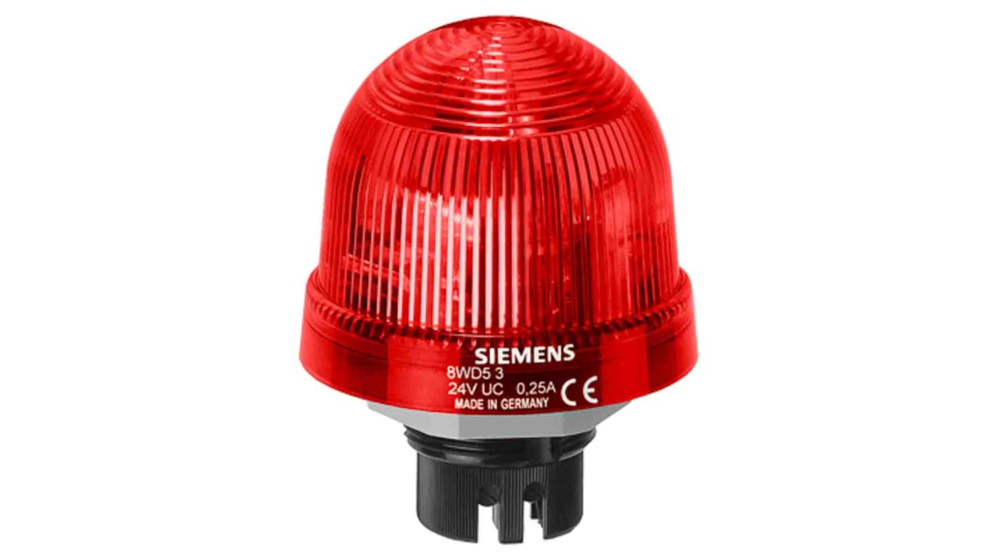Segnalatore rosso Siemens 8WD5300-1AB, luce LED continua, IP65, 12-230 V, diametro 75 mm, altezza 96.5 mm.