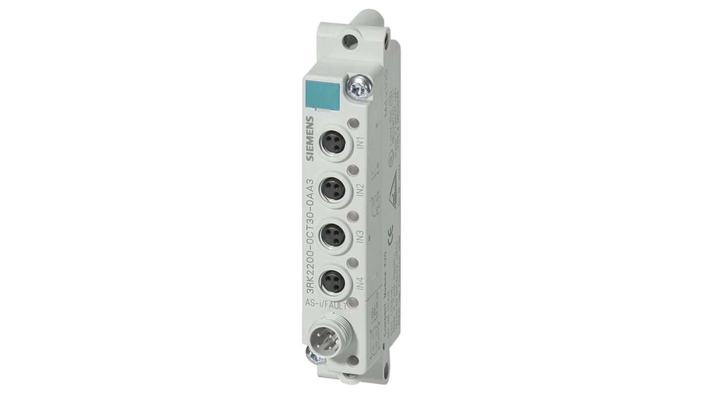 Modulo I/O digitale Siemens 3RK2200-0CT30-0AA3, 4 ingressi, alimentazione 16,5-30 V, dimensioni 20 x 45 x 108 mm.
