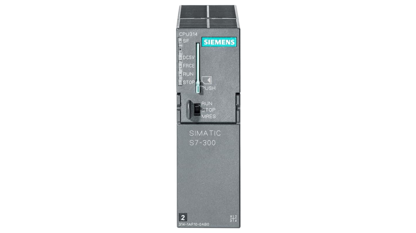 CPU PLC Siemens 6ES7314-1AG14-0AB0, 24 V c.c., 128 kB memoria, interfaccia RS485, dimensioni 40 x 130 x 125 mm.
