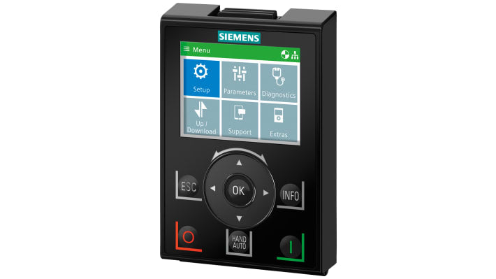 Pannello operatore intelligente Siemens 6SL3255-0AA00-4JA2 per G120, schermo LCD IP55, gestione convertitori, multilingue.