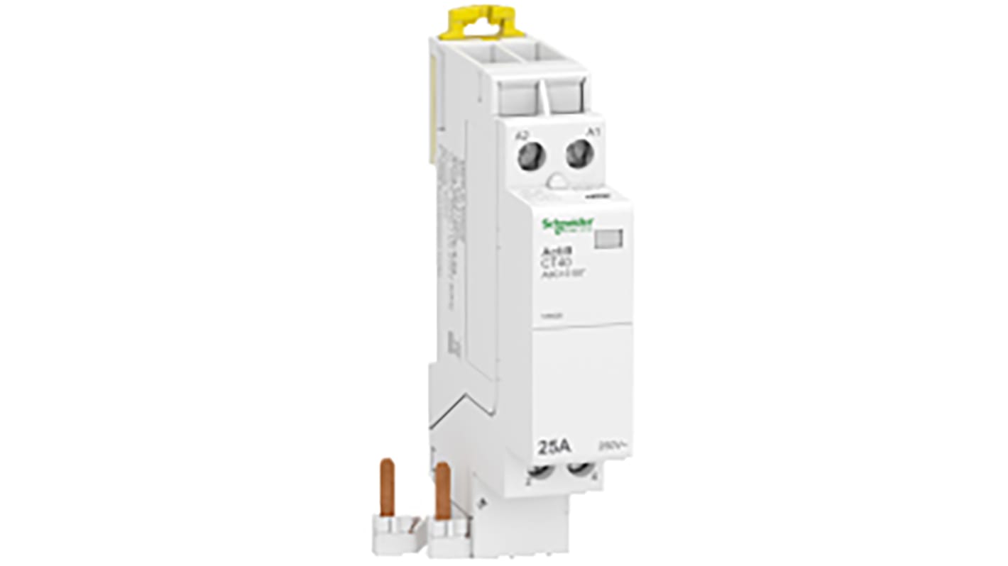 Contattore Schneider Electric A9C15187, serie Acti9 iDT40 CT, 2 poli, 25 A, montaggio su guida DIN, dimensioni 18 mm x 66 mm x 87 mm.