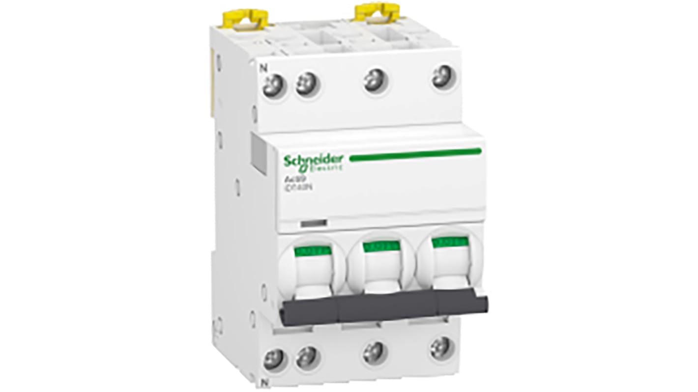 Interruttore magnetotermico Schneider Electric 3 poli, 32A, Tipo C, montaggio su guida DIN, dimensioni 74mm x 54mm x 85mm.
