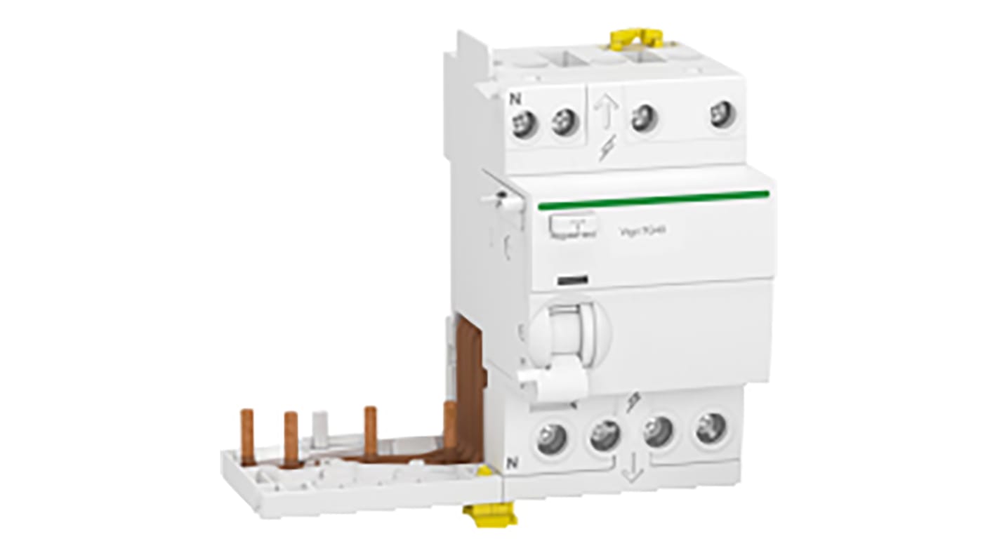 Interruttore differenziale Schneider Electric Acti9 iTG40, 3 poli, 40A, 30mA, montaggio su guida DIN, dimensioni 108 x 74 x 91 mm.