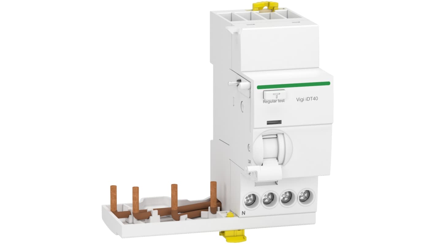 Interruttore differenziale Schneider Electric Vigi iDT40, 3 poli, 40A, 30mA, montaggio su guida DIN, dimensioni 93 x 74 x 99.5mm.