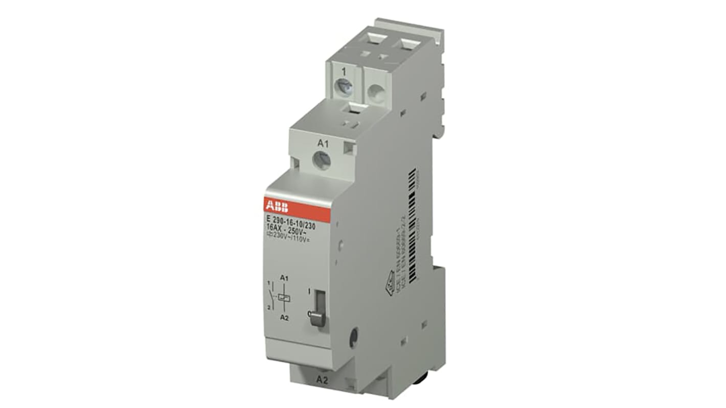 Relè di potenza ABB E290, unipolare SPST, 110 V dc, 230 V ca, montaggio su guida DIN, dimensioni 18 x 68.9 x 85 mm.