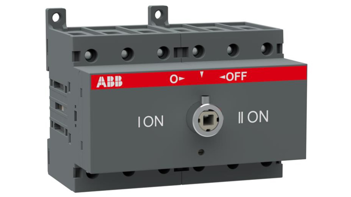 Interruttore di isolamento ABB 3 poli, corrente 63A, tensione 750V, dimensioni 105x85x92mm, modello OT63F3C.