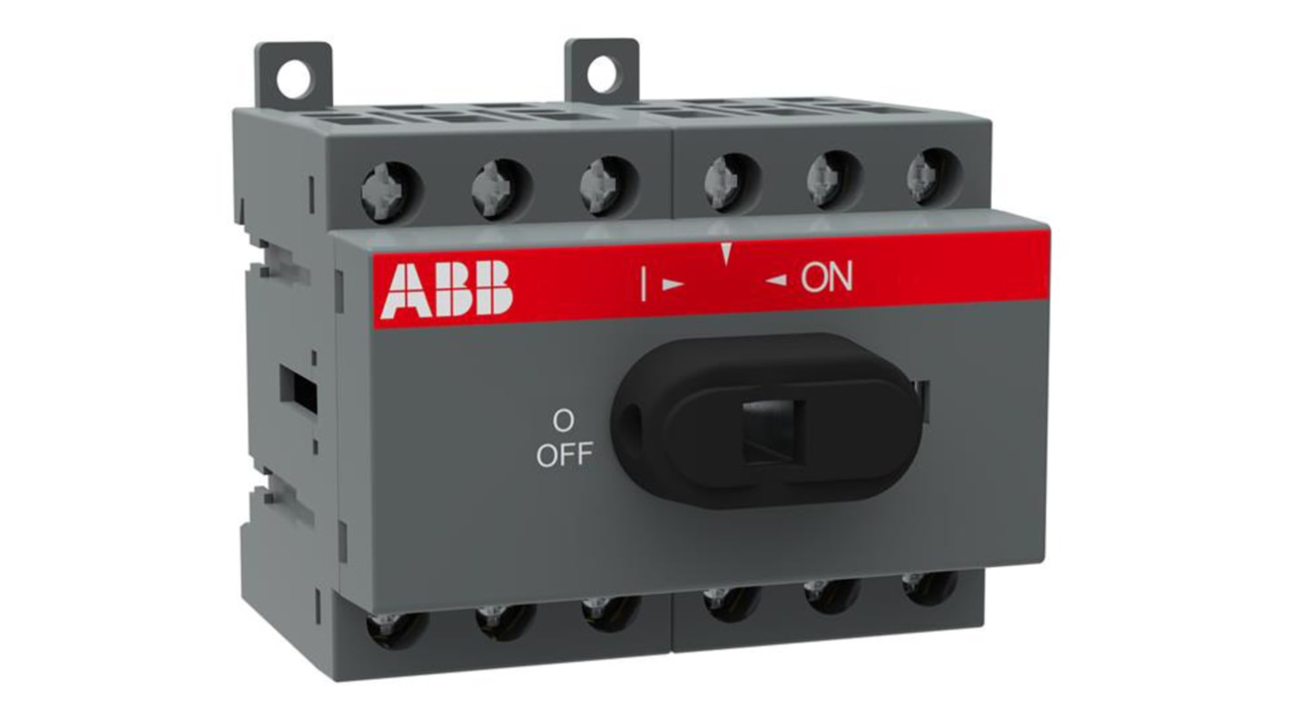 Interruttore di isolamento ABB OT16F6, 6 poli, 16A, 750V, montaggio su guida DIN, dimensioni 70x68x68mm.
