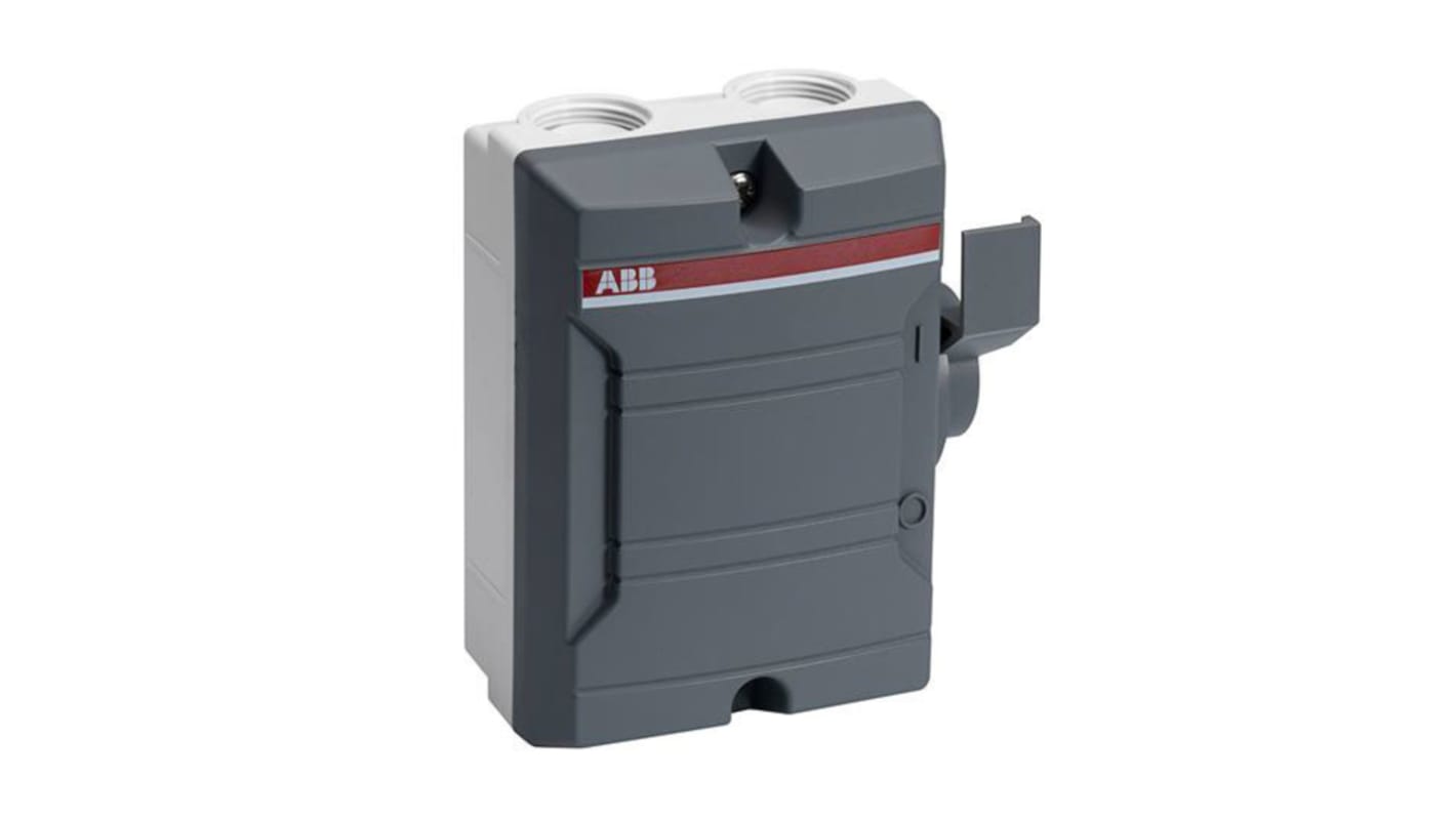 Interruttore di isolamento ABB BW225DP, 2 poli, 25A, 690V, IP54/IP65, maniglia bloccabile, dimensioni 111x60x130mm.