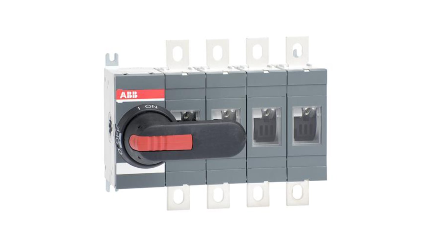 Interruttore di isolamento ABB 1SCA022719R1810, 4 poli, 400A, montaggio frontale, dimensioni 235x107x185mm, kit bulloni incluso.