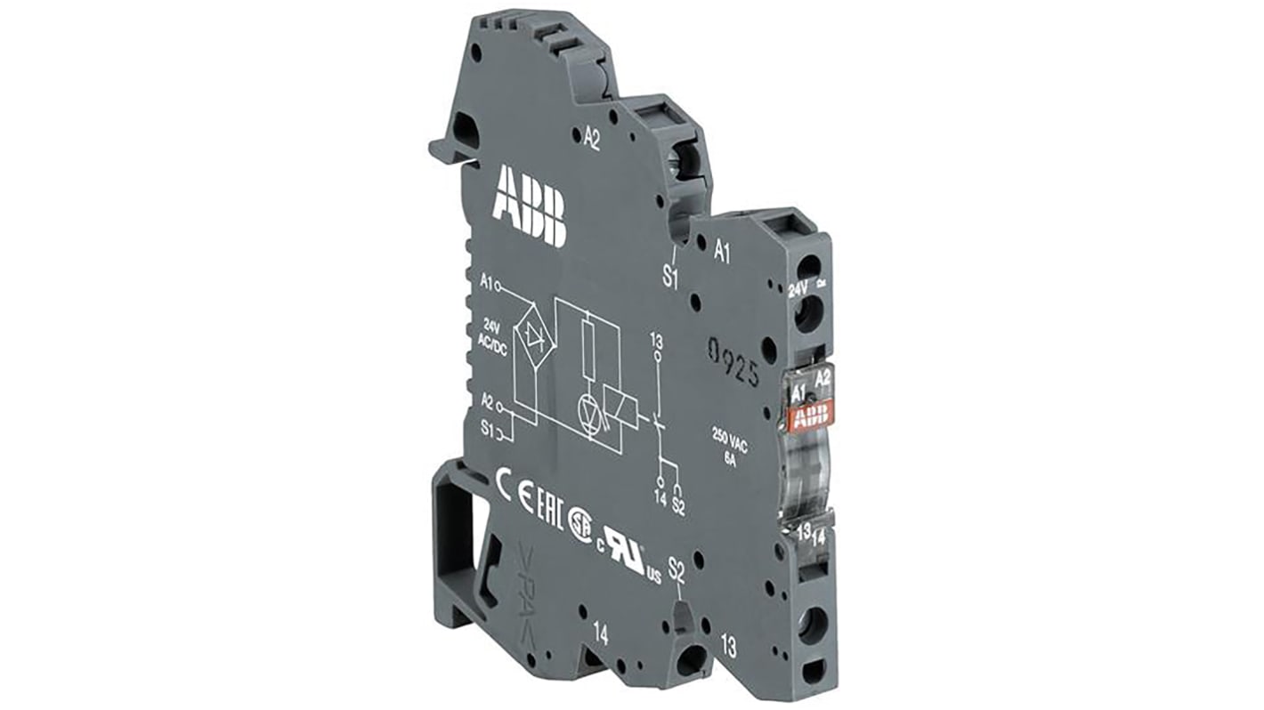 Modulo interfaccia relè ABB, montaggio su guida DIN, 24V cc, contatto SPDT, dimensioni 70 x 67,5 mm, grado di protezione IP20.
