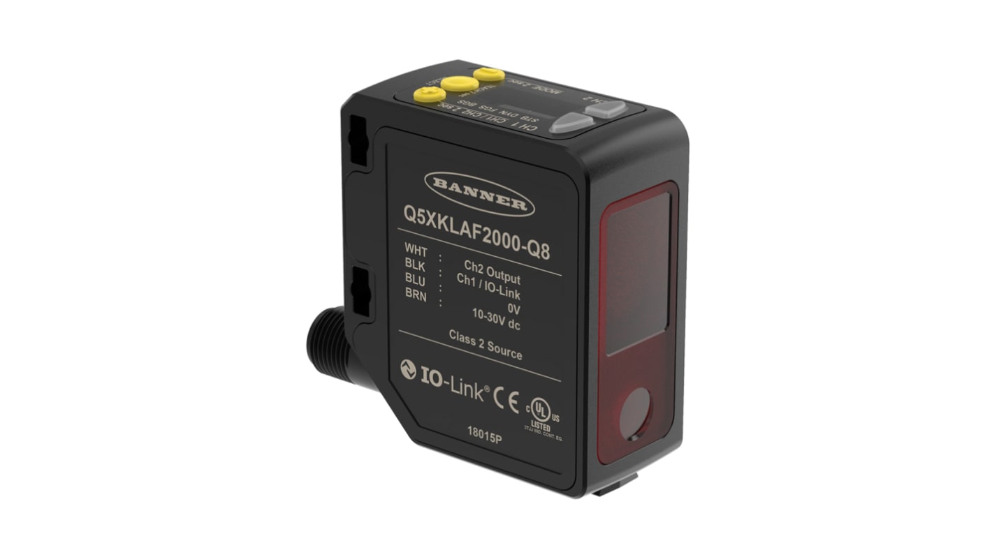 Sensore fotoelettrico rettangolare Banner Q5XKLAF2000-Q8, rilevamento 95-2000 mm, uscita PNP/NPN, IP67, alimentazione 10-30 V c.c.