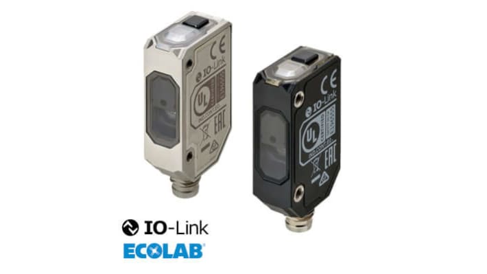 Omron E3AS-L200MT M3, sensore fotoelettrico compatto con rilevamento diffuso, gamma 10-200 mm, uscita PNP, connettore M8.