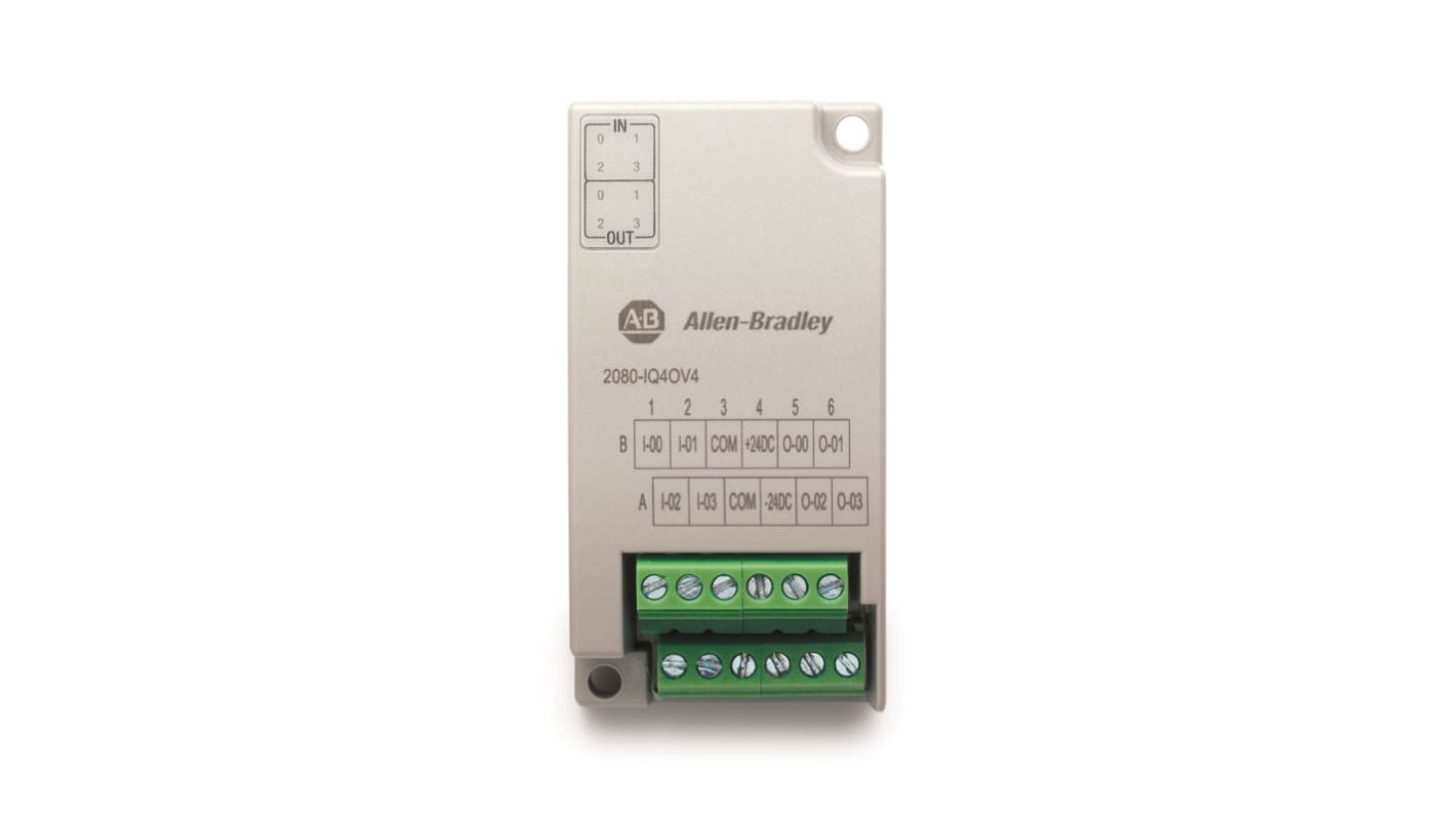 Modulo I/O Rockwell Automation 2080-IQ4OV4 per PLC Micro 800, 4 ingressi/uscite, dimensioni 30,5 x 62 x 20 mm.