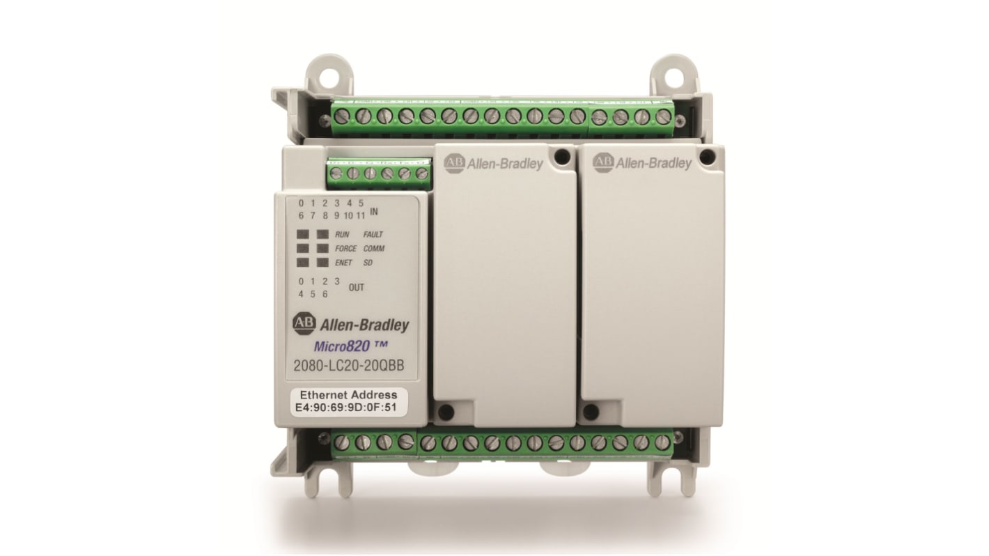 Controllore logico Rockwell Automation 2080-LC20-20QWBR, 20 I/O, montaggio su guida DIN, dimensioni 70 x 80 x 100 mm.