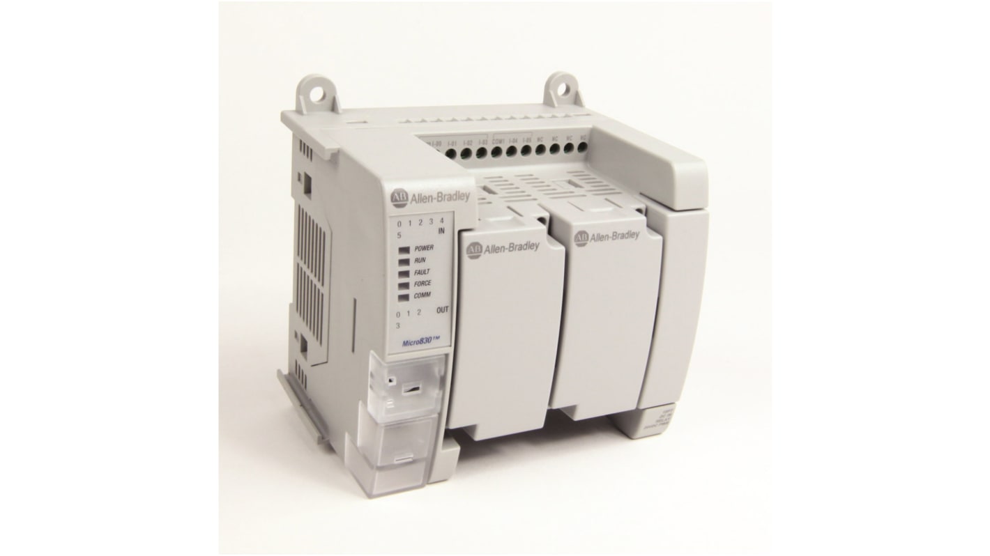 Controllore logico Rockwell Automation 2080-LC30-10QVB, 6 ingressi e 4 uscite digitali, montaggio su guida DIN, dimensioni 70 x 80 x 90 mm.