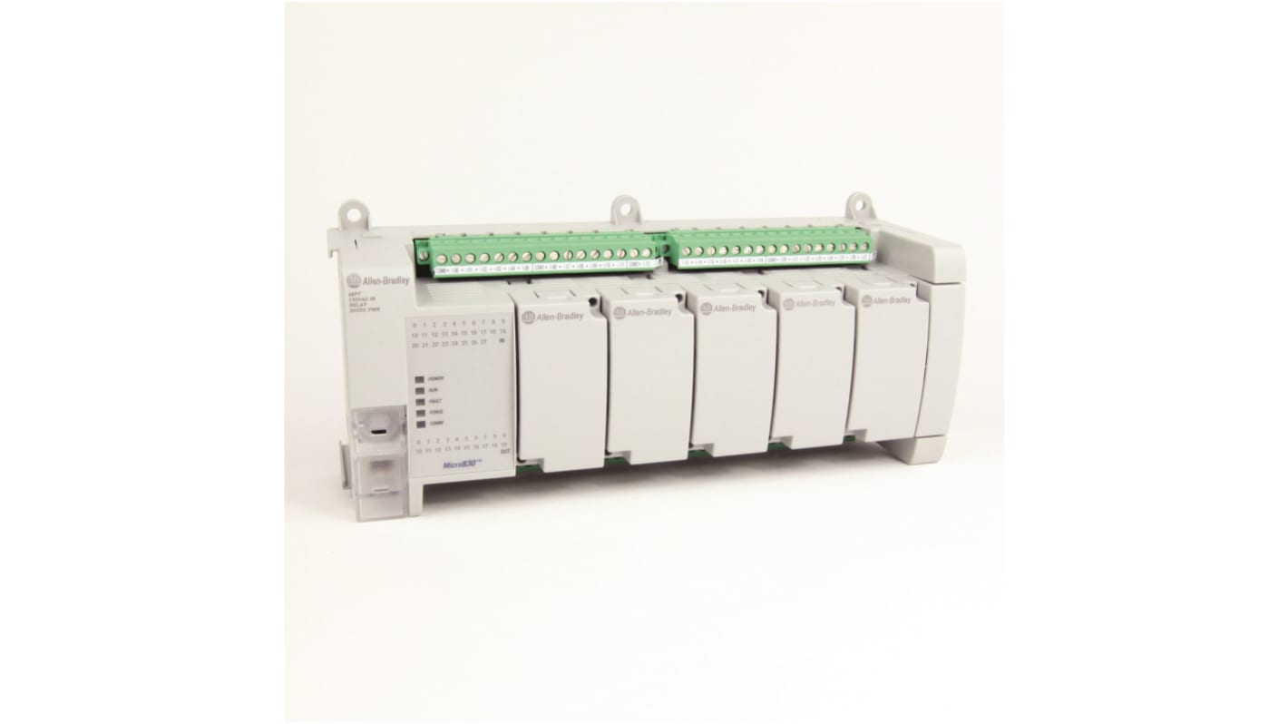 Controllore logico Rockwell Automation 2080-LC30-48AWB, 28 ingressi e 20 uscite, montaggio su guida DIN, dimensioni 70 x 80 x 90 mm.