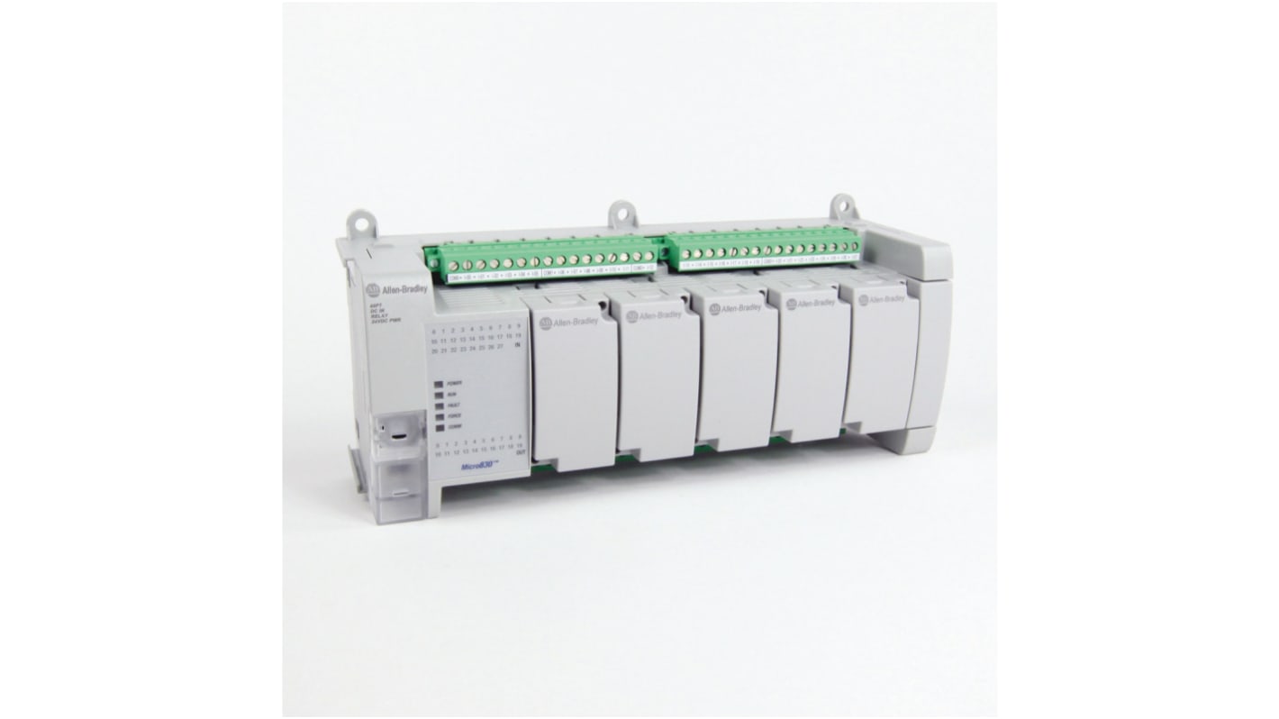 Controllore logico Rockwell Automation 2080-LC30-48QBB, 28 ingressi e 20 uscite, montaggio su guida DIN, dimensioni 230 x 80 x 90 mm.