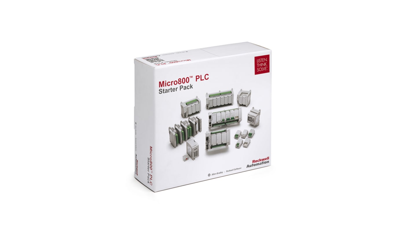 Rockwell Automation 2080-LC20-STARTERPACKRS, starter kit per CPU PLC Micro 820 con controller, alimentatore e terminale grafico.