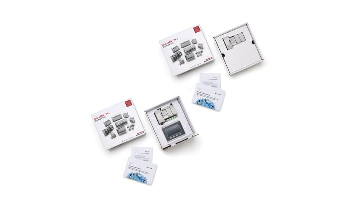Rockwell Automation 2080-LC20-STARTERPACKRS, starter kit per CPU PLC Micro 820 con controller, alimentatore e terminale grafico.