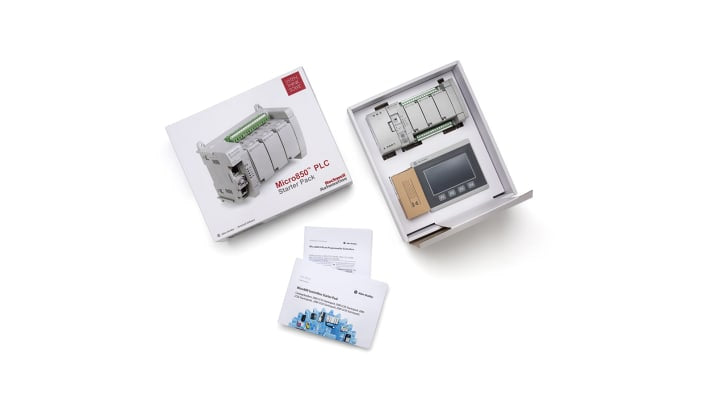 Rockwell Automation 2080-LC50-STARTERPACKRS, starter kit per CPU PLC Micro 850 con 14 ingressi digitali e terminale PanelView 800.