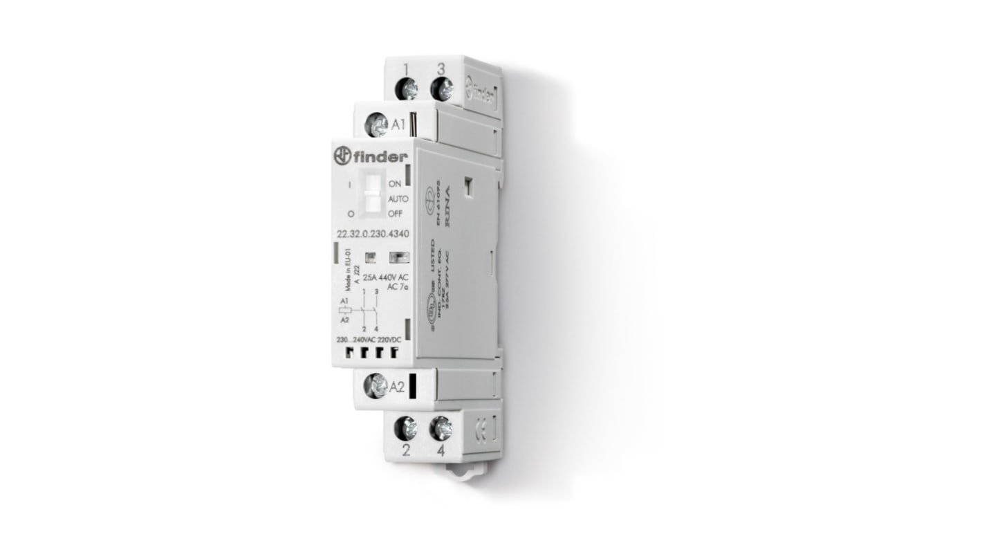 Contattore Finder 22.32.0.230.4340, 2 poli, 25 A, montaggio su guida DIN, dimensioni 17,5 x 60,8 x 88,8 mm.