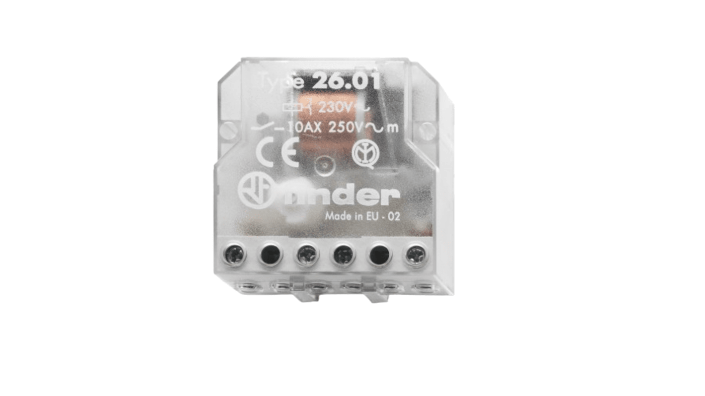 Finder 26.01.8.230.0000, relè di potenza elettromeccanico 1-2 poli, montaggio a pannello, dimensioni 45mm x 46.6mm x 22mm.