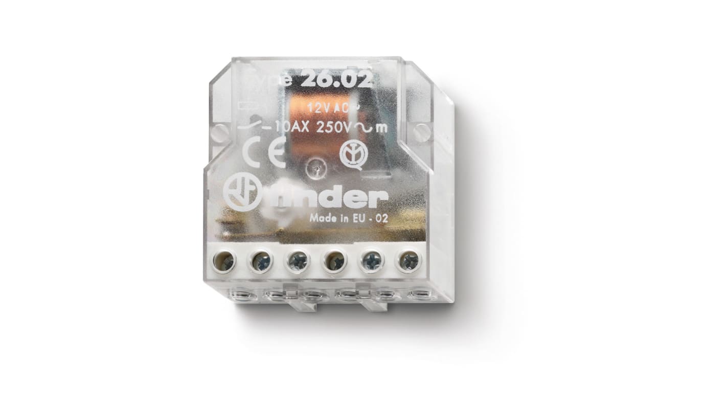 Relè di potenza Finder 26, montaggio a pannello, 230V, 10A, dimensioni 45mm x 46.6mm x 22mm, contatti senza cadmio.