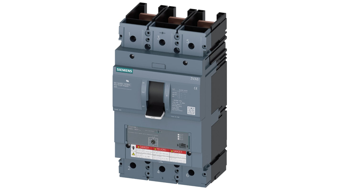 Interruttore magnetotermico Siemens 3P, 400A, 600V, montaggio su guida DIN, dimensioni 110x138x248mm, serie 3VA6.