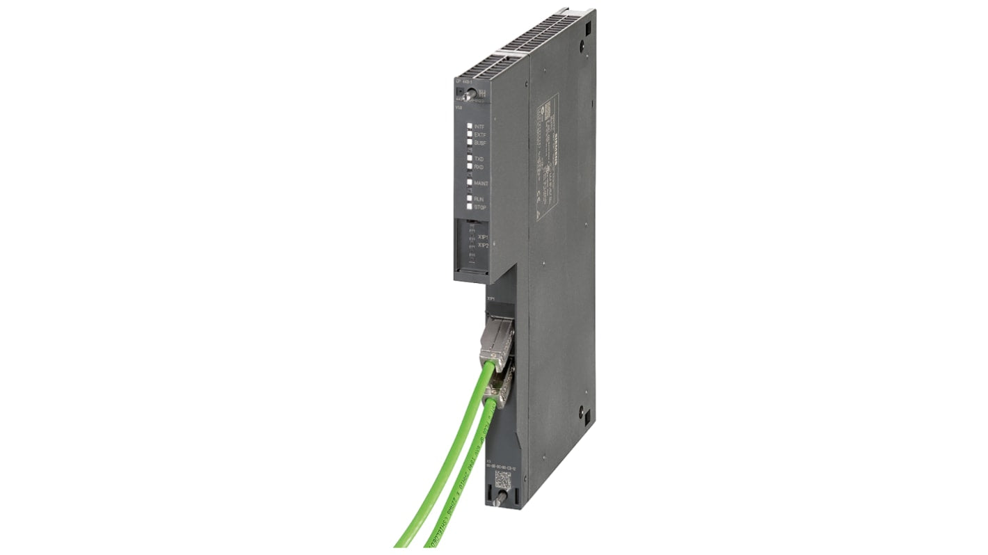 Modulo di espansione Siemens 6GK74431EX300XE0 per SIMATIC S7, con 2 porte RJ45 e supporto PROFINET, montaggio su guida DIN.