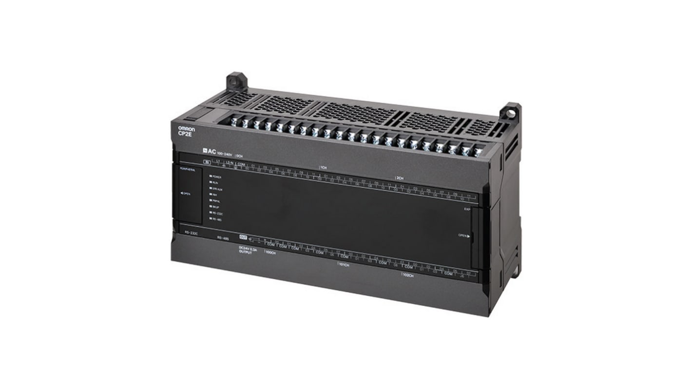 Omron CP2E-S60DT1-D, CPU PLC compatto con 36 ingressi digitali, montaggio a pannello, dimensioni 195 x 80 x 110 mm.