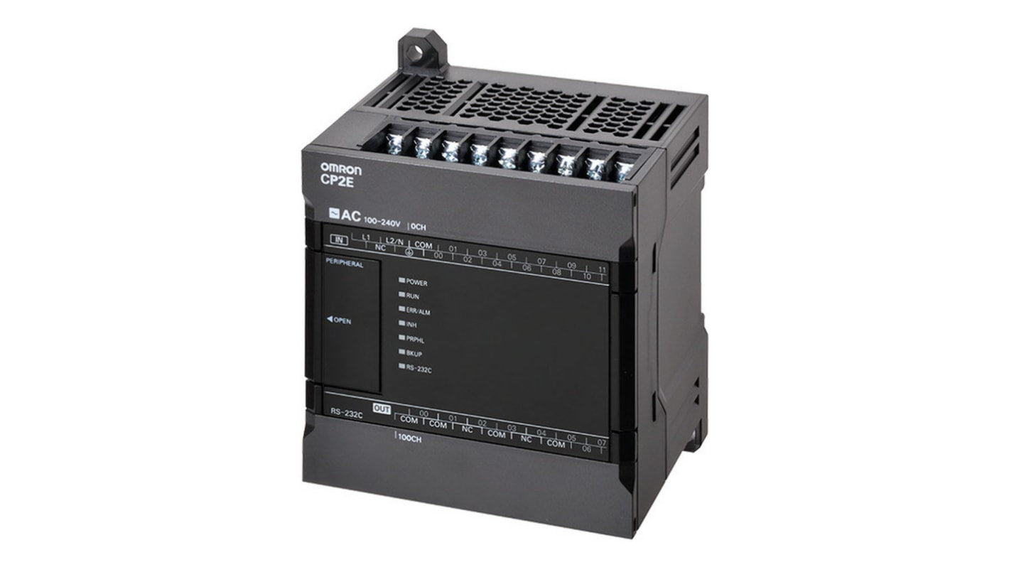 Omron CP2E-E14DR-A, CPU PLC compatto con 8 ingressi digitali, 6 uscite relè, montaggio a pannello, dimensioni 86 x 80 x 110 mm.