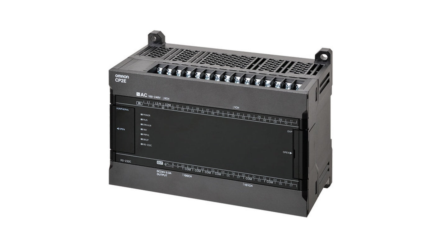 Omron CP2E-E40DR-A, CPU PLC compatto con 24 ingressi digitali, montaggio a pannello, dimensioni 150 x 80 x 110 mm.