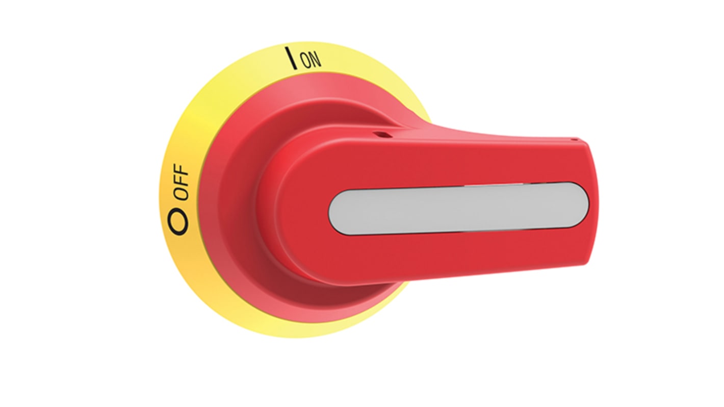 Manopola rotante Lovato GAX66N per sezionatori GA030A, GA063A, GA160A, colore rosso/giallo, lunghezza 103.6 mm, grado di protezione IP65.