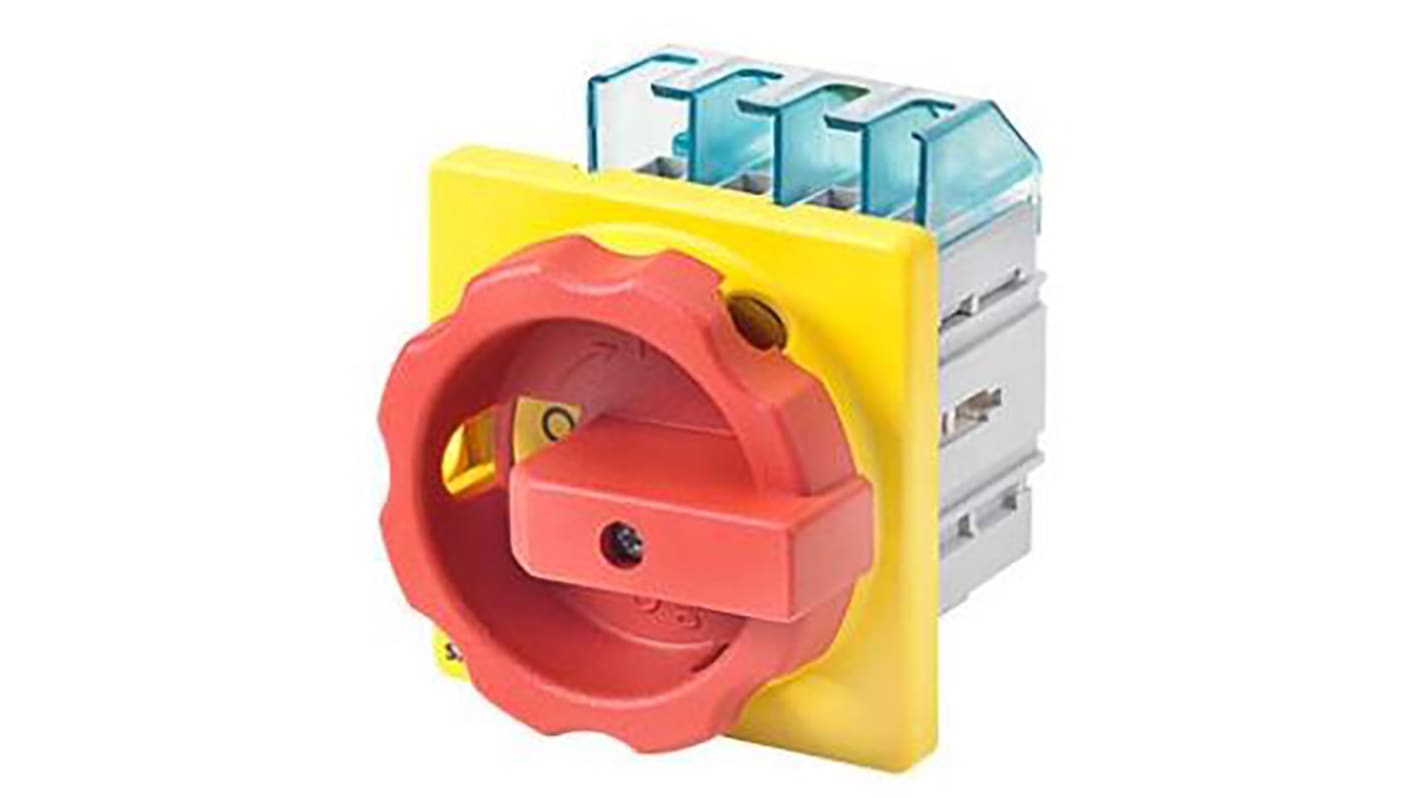 Interruttore sezionatore Siemens 3LD2054-0TK53, 3 poli, 16A, montaggio a pannello, dimensioni 84x67mm.