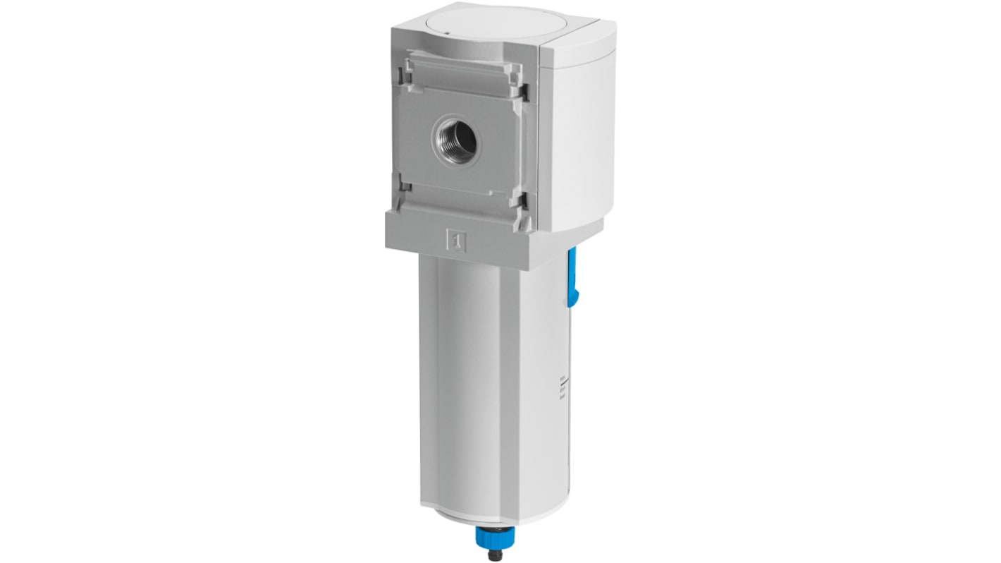 Separatore d'acqua Festo MS6-LWS-1/2-U-V, attacco G 1/2, flusso 63,33 l/sec, scarico automatico, installazione inclinata.