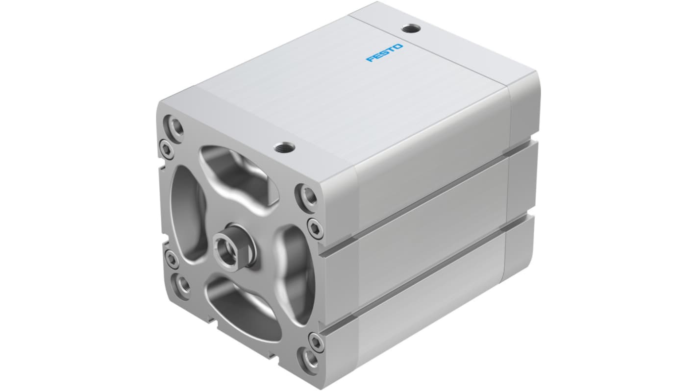 Cilindro pneumatico compatto Festo ADN-100-80-I-P-A, azione doppia, alesaggio 100 mm, corsa 80 mm, pressione massima 10 bar.