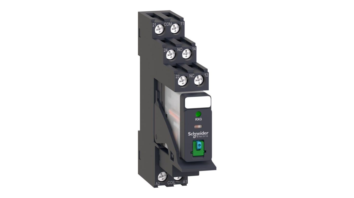 Relè d'interfaccia Schneider Electric RXG22BDPV, 24V cc, DPDT, montaggio su guida DIN, contatti in lega d'argento. Ideale per automazione industriale.