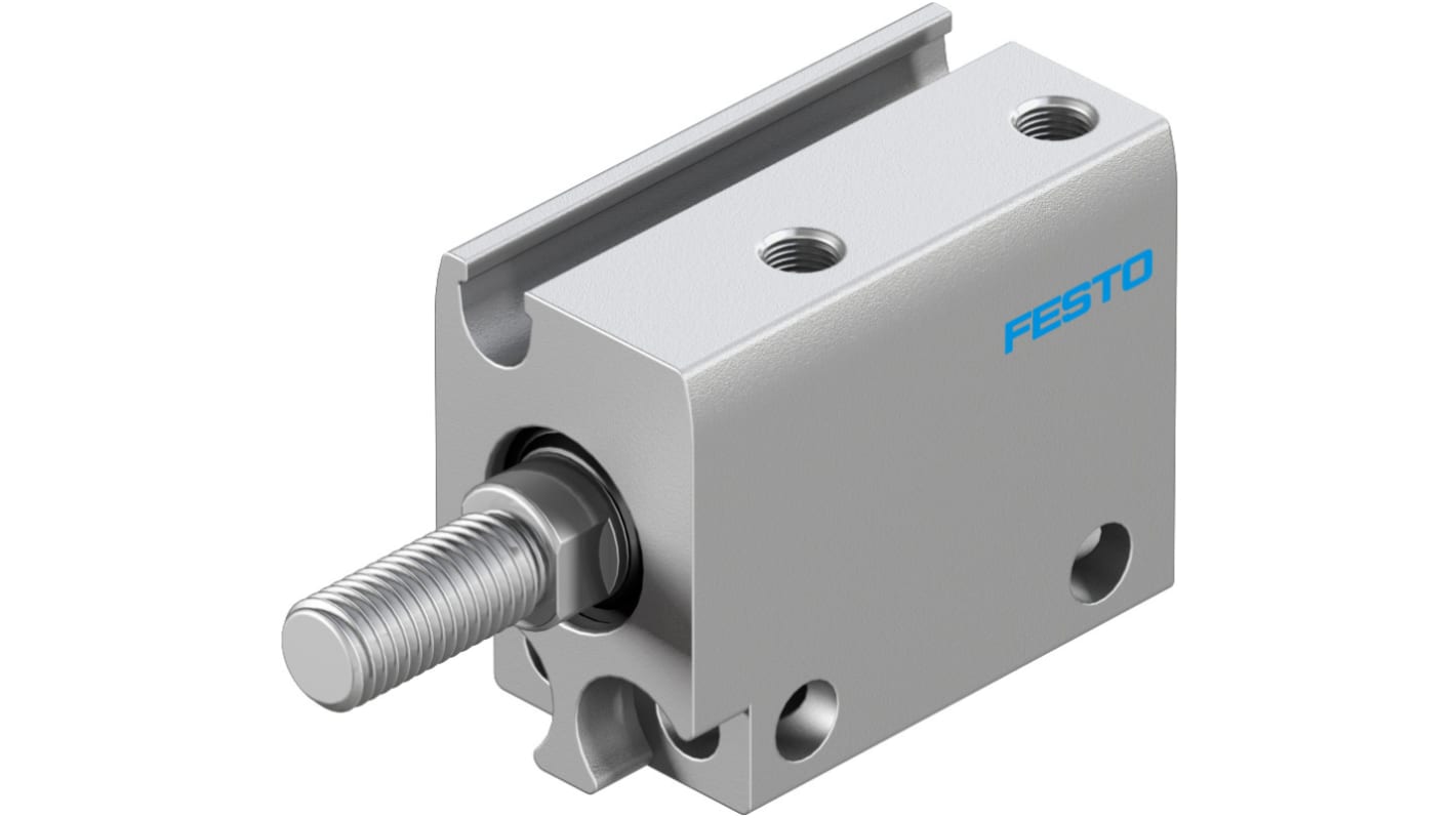 Cilindro pneumatico Festo ADN-S-10-10-A, doppio effetto, foro 10 mm, corsa 10 mm, struttura in alluminio anodizzato.