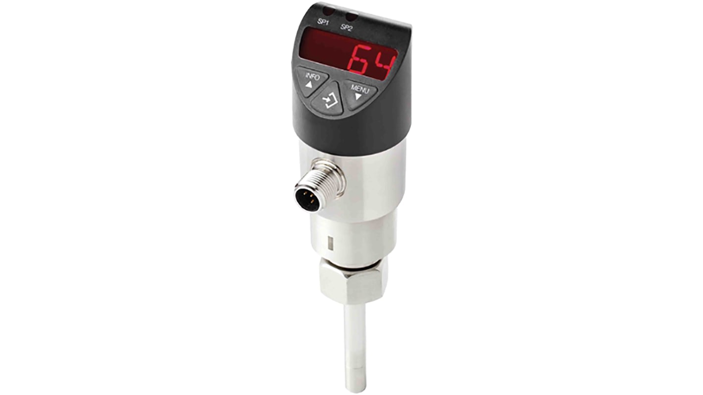 Sensore di flusso WIKA 14270749 per liquidi, monitoraggio da 5 a 300 cm/s, alimentazione 15-35 V, con display digitale.
