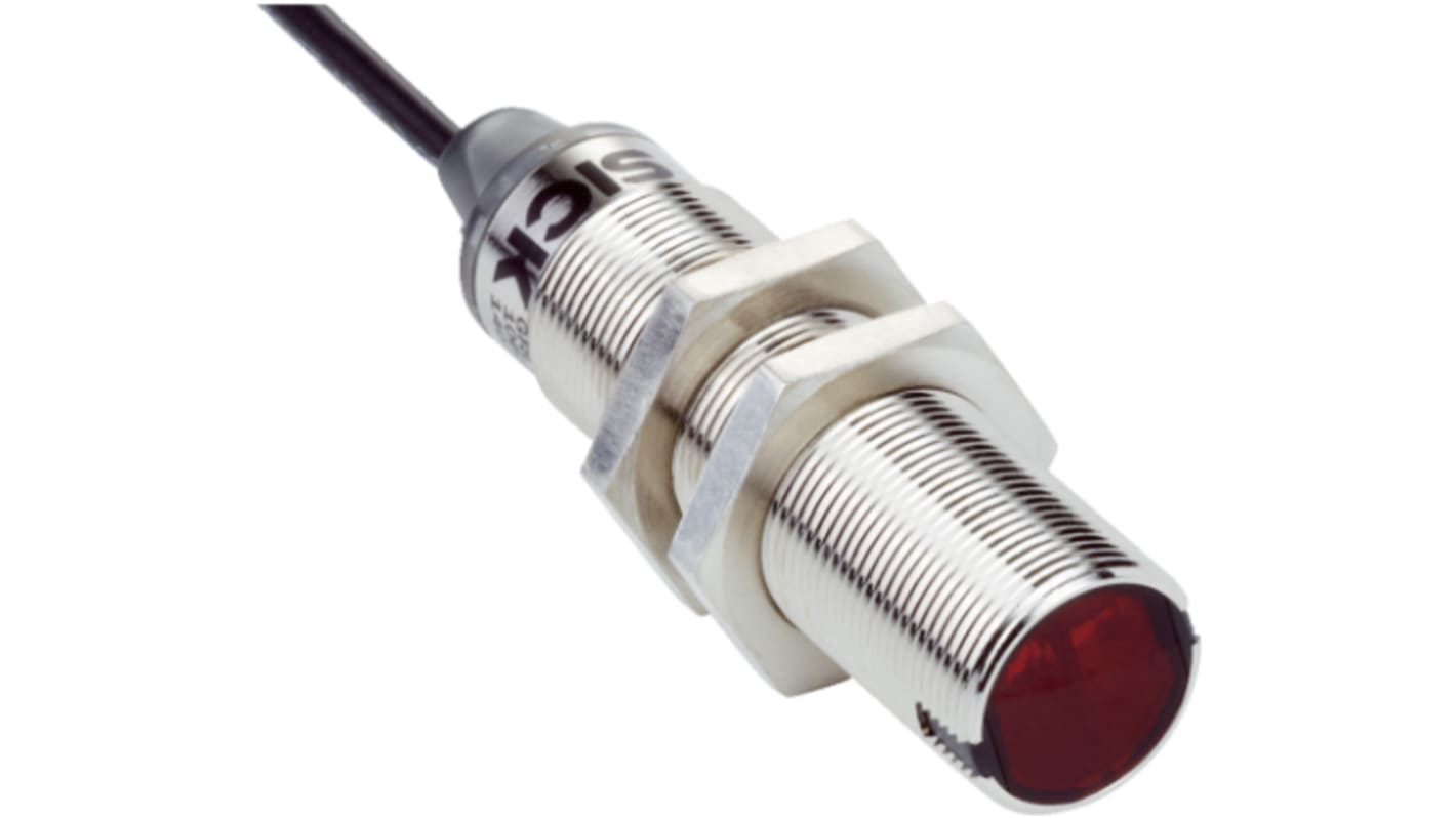 Sensore fotoelettrico cilindrico Sick GRL18-P1132 a retroriflessione, rilevamento fino a 7,2 m, IP67, custodia metallica.