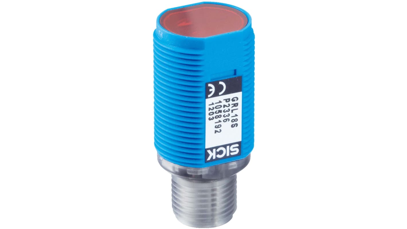 Sensore fotoelettrico cilindrico Sick GRL18S-K2436 a retroriflessione, rilevamento fino a 7,2 m, uscita PNP, IP67.