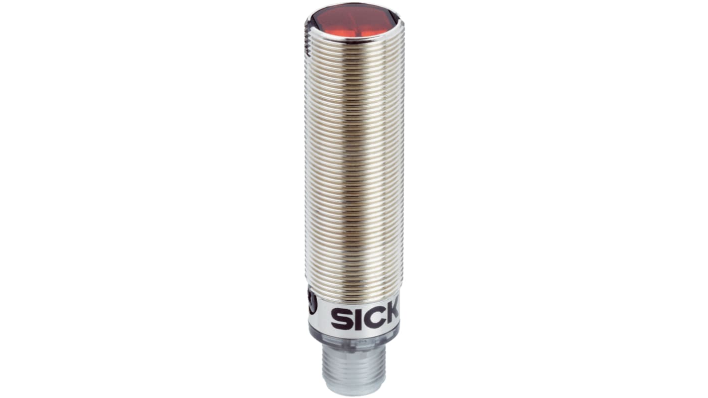 Sensore fotoelettrico cilindrico a retroriflessione Sick GRL18-P2452, rilevamento fino a 7,2 m, uscita PNP, IP67. Montaggio M18.
