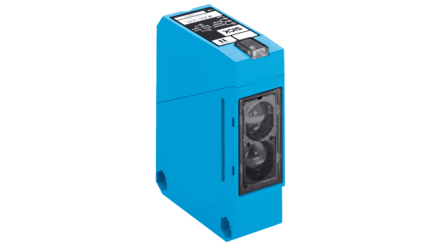 Sensore fotoelettrico rettangolare Sick WL260-F270 a retroriflessione, rilevamento fino a 14 m, uscita PNP, IP67, connettore M12.
