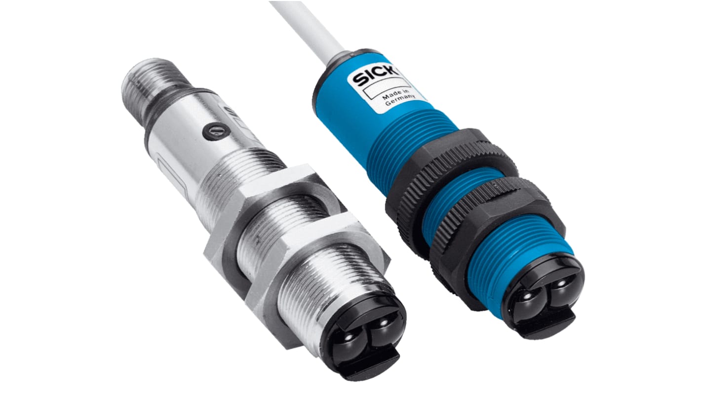 Sensore fotoelettrico cilindrico Sick VL18-3F3740 a retroriflessione, rilevamento fino a 3,7 m, uscita PNP, IP67.