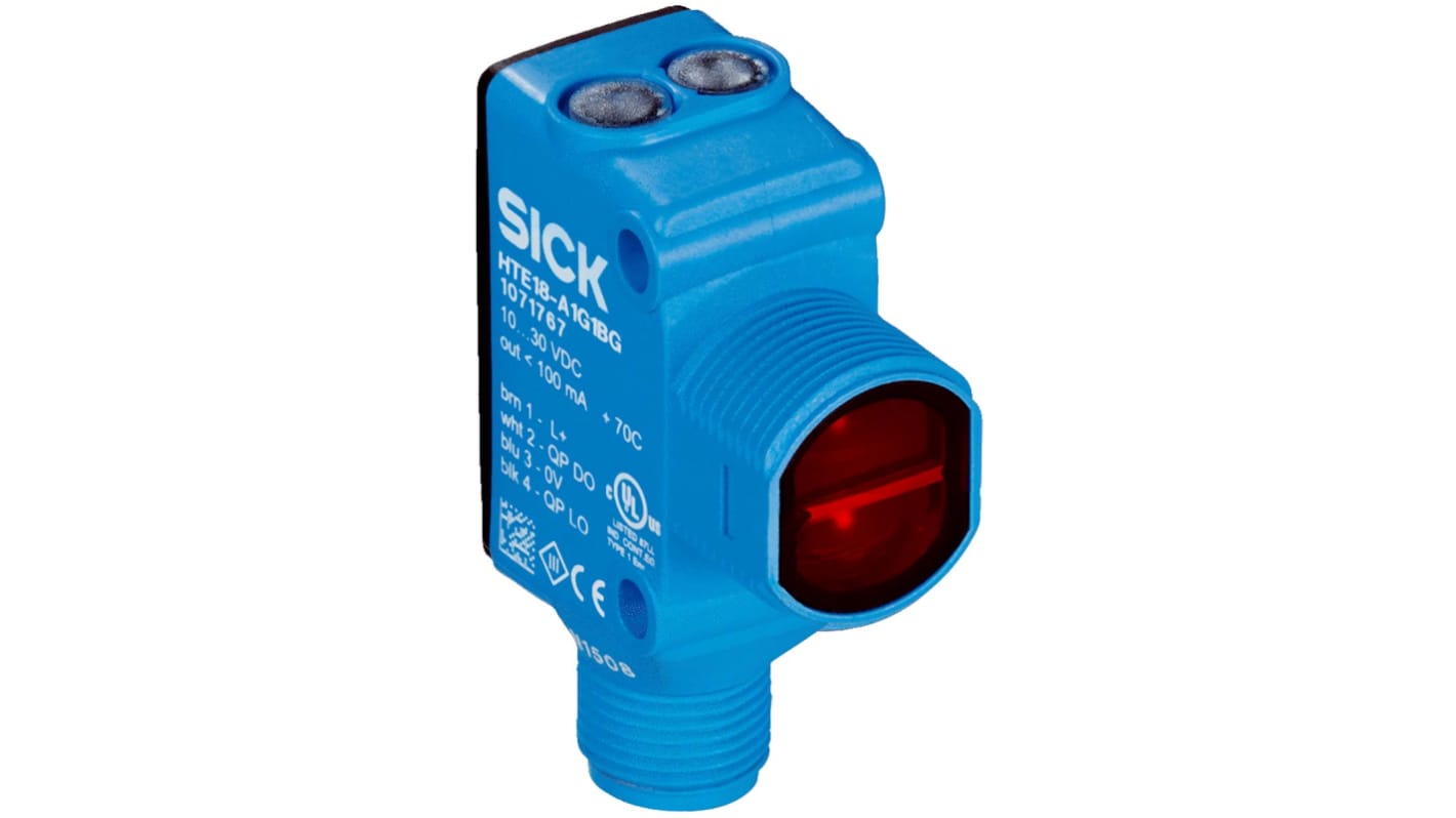 Sensore fotoelettrico rettangolare Sick HL18L-P4A5BE a retroriflessione, rilevamento fino a 12 m, uscita PNP, connettore M12.