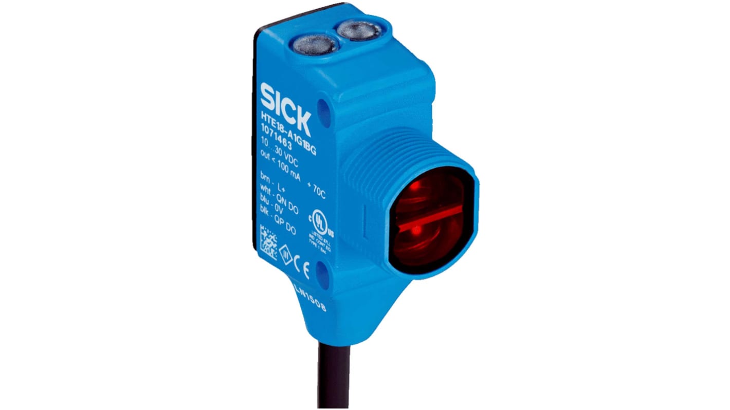 Sensore fotoelettrico rettangolare Sick HL18L-P3B5BA a retroriflessione, rilevamento fino a 12 m, uscita PNP, IP67/IP69K.