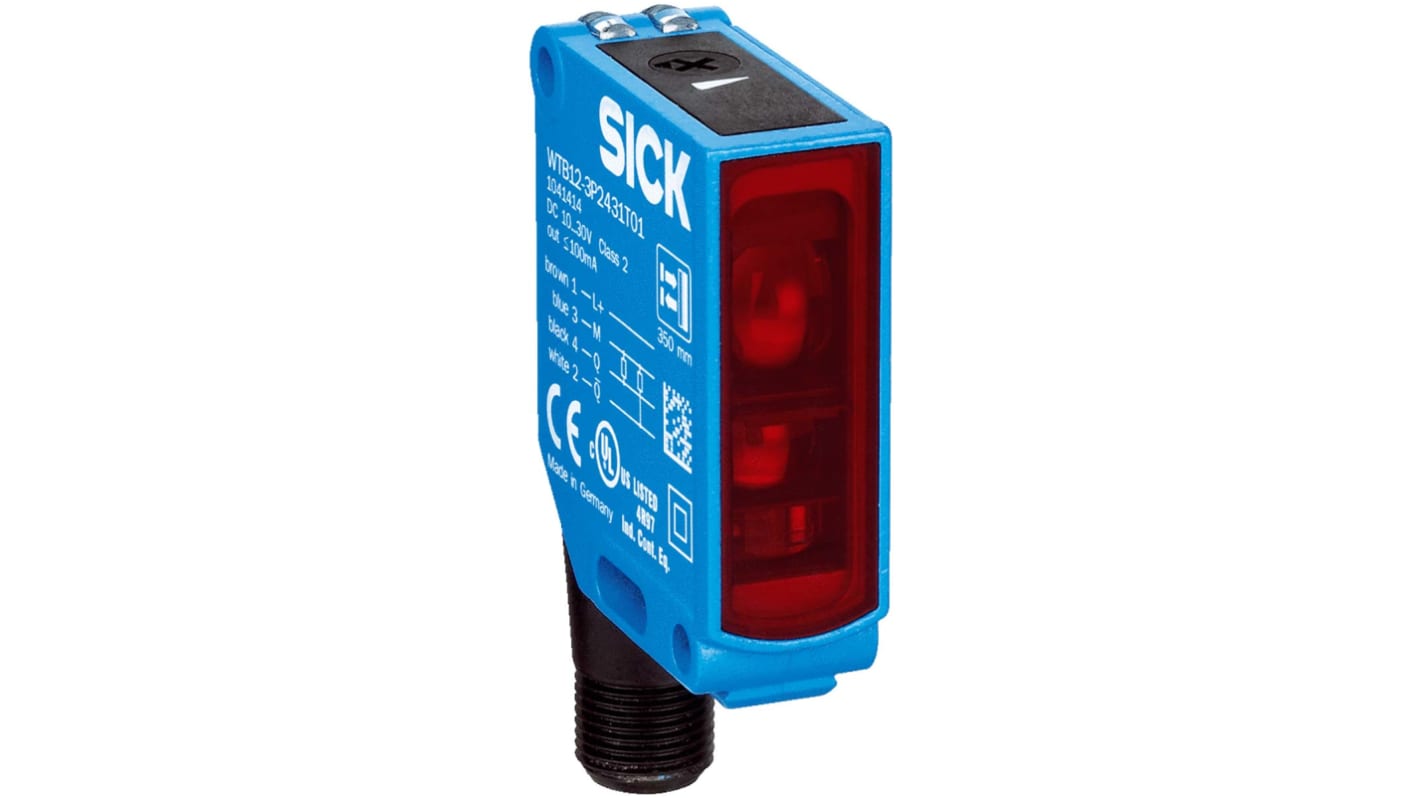 Sensore fotoelettrico rettangolare Sick WL12-3P2431T01 a retroriflessione, rilevamento fino a 7 m, uscita PNP, custodia metallica.