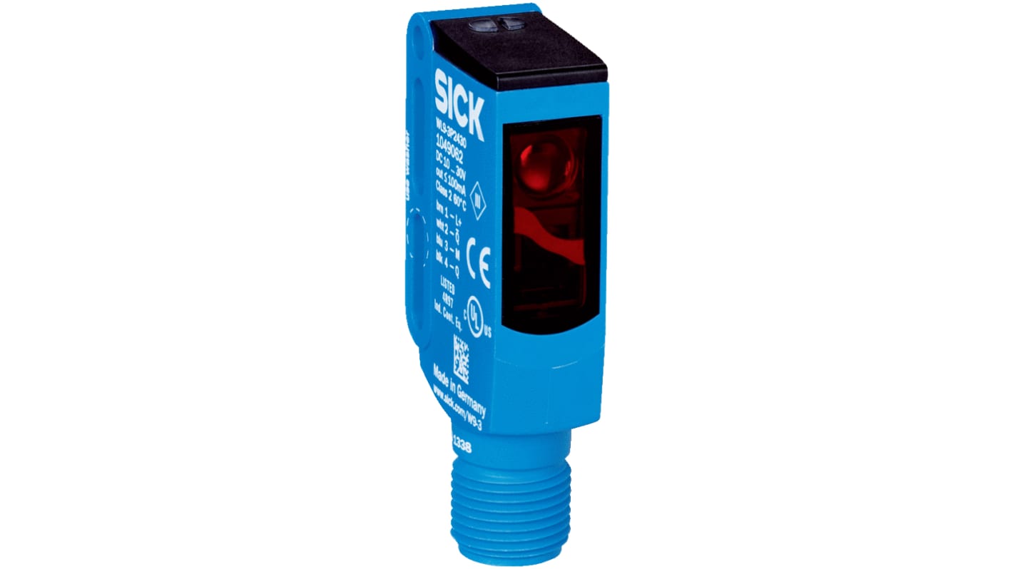 Sensore fotoelettrico rettangolare Sick WL9-3N2430 a retroriflessione, rilevamento fino a 4 m, uscita NPN, grado di protezione IP66/IP67/IP69K.