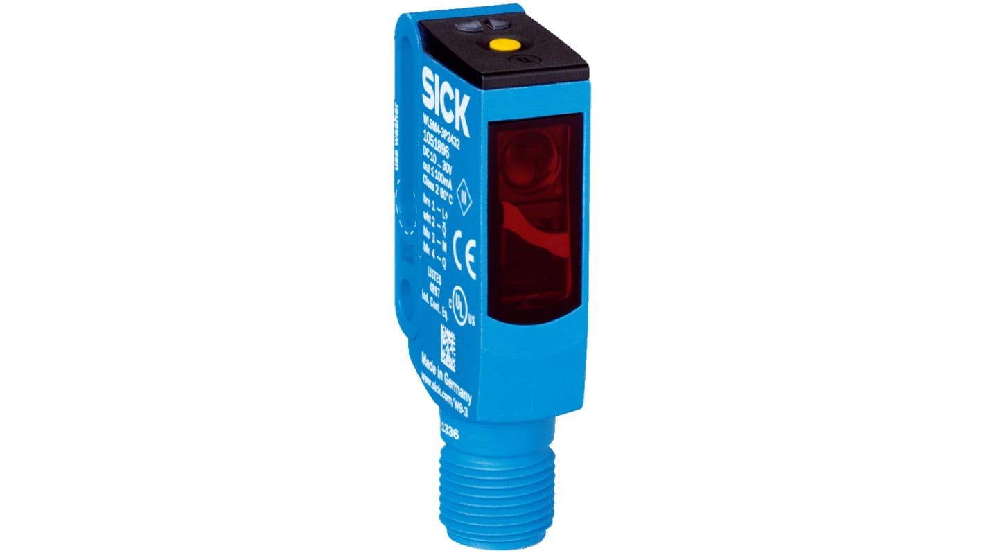 Sensore fotoelettrico rettangolare Sick WL9M4-3P2432 a retroriflessione, rilevamento fino a 5 m, uscita PNP, connettore M12.