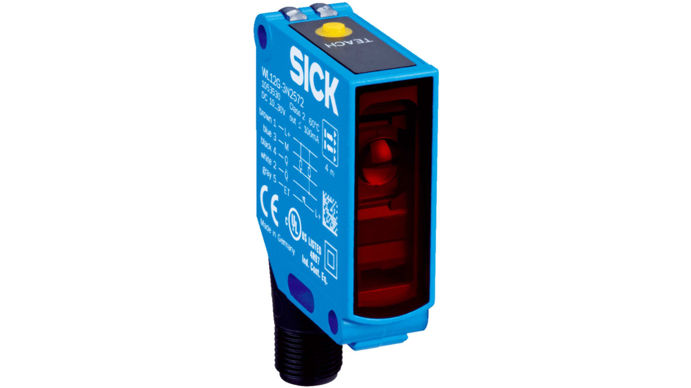 Sensore fotoelettrico rettangolare Sick WL12G-3V2572, rilevamento a retroriflessione fino a 4 m, con uscita PNP e connettore M12.